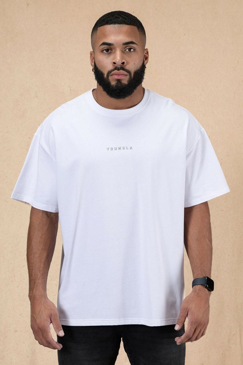 YoungLA 420 Essential Oversized Tee Wit Lichtturkoois | 1820479-PE